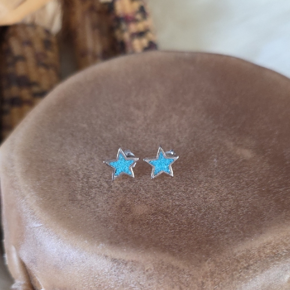 Adorable NWOT Native American Turquoise Kingman Inlaid Star Stud Earrings 🩶🌟💙